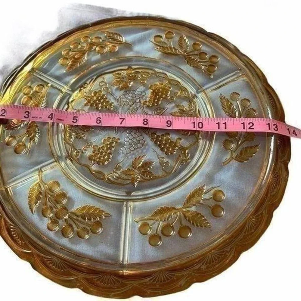 Antique 1930s (?) Holiday Sectioned Serving‎ Platter Etched Grapes Painted Glass